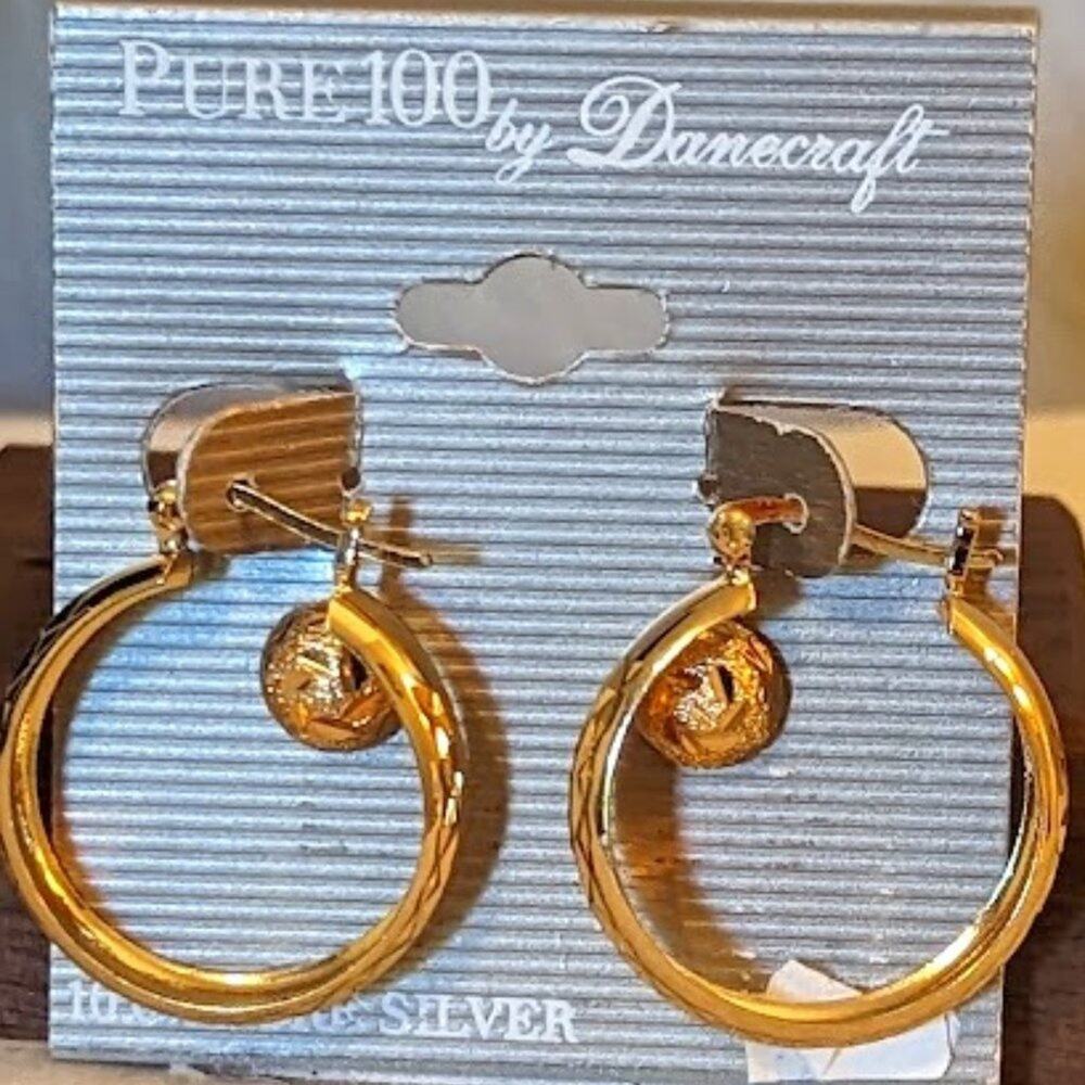 NWT Danecraft 10% Pure Silver Earring Set Hoops and Posts Gold Tone